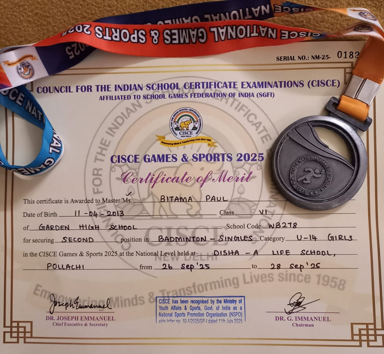 CISCE Games & sports 2025 National level 1 